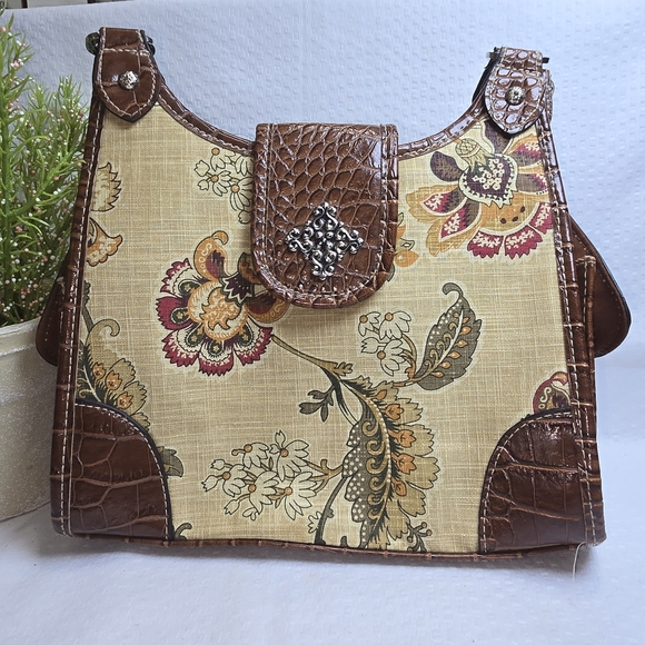 ROSSETTI PURSE VEGAN LEATHER LINEN COTTON BROWN FLORAL GREAT CONDITION - Picture 1 of 13